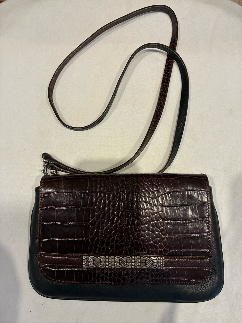 Brighton Leather Croc-Embossed Crossbody Purse Dark Brown / Black Silver Clasps - Picture 8 of 15